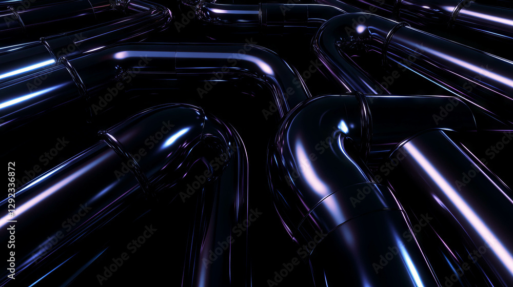 Poster complex network of interconnected pipes with reflective metallic surface