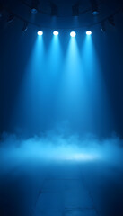 A dark stage illuminated by blue spotlights and fog.