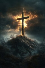 Naklejka premium Glowing Cross on Rocky Hill – Spiritual Christian Symbol, Divine Light, Faith and Hope, Dramatic Sky, Religious Worship Background, Easter Resurrection