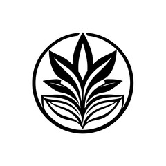 Black and White Stylized Floral Logo in Circular Frame.