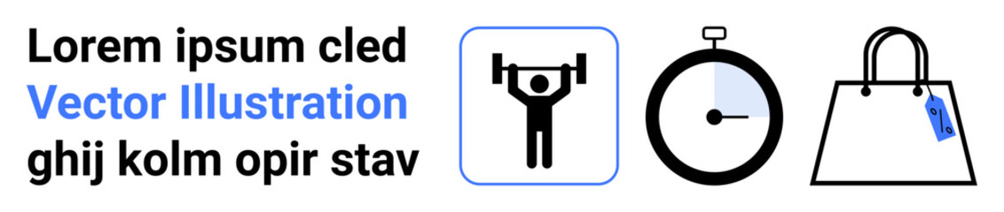 Weightlifting icon, stopwatch, shopping bag with tag, and placeholder text. Ideal for fitness, productivity, retail, planning, lifestyle branding flat landing page banner