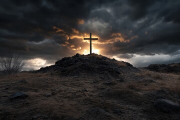 Obraz premium Glowing Cross on Rocky Hill – Spiritual Christian Symbol, Divine Light, Faith and Hope, Dramatic Sky, Religious Worship Background, Easter Resurrection