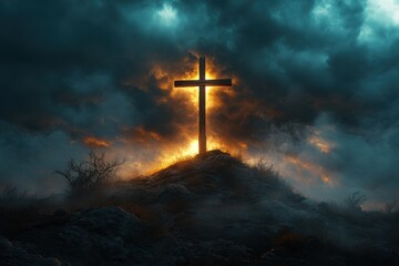 Naklejka premium Glowing Cross on Rocky Hill – Spiritual Christian Symbol, Divine Light, Faith and Hope, Dramatic Sky, Religious Worship Background, Easter Resurrection