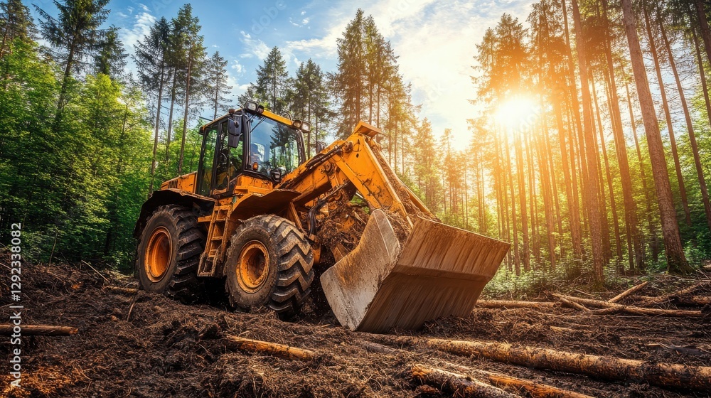 Poster heavy machinery operator working in forest during sunset with loader moving soil and logs in lush gr