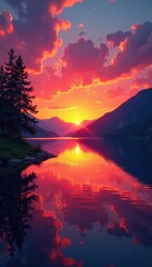Naklejka premium Stunning sunset over tranquil lake, vibrant colors, nature's beauty, evening, peaceful, colors