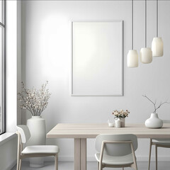 Modern dining room with a minimalist design featuring a soft color palette of white and light gray A single A4sized framed poster is casually placed on a sleek