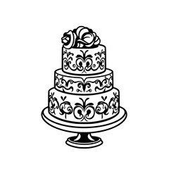 Ornate three-tiered wedding cake with floral details on a cake stand.