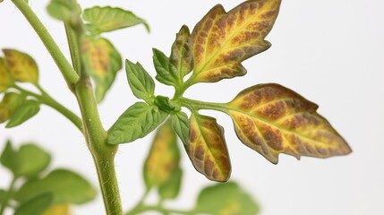 Tomato plant suffering from leaf disease and damage