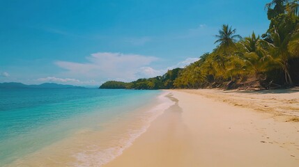 Obraz premium A serene tropical beach with turquoise water and palm trees under a blue sky