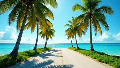 Obraz premium Shadowy palm-lined road curves towards shimmering turquoise ocean , sky, highway