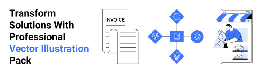 Digital invoice highlighting financial management, process icons depicting workflow, and an online store interface showcasing e-commerce. Ideal for business, workflow, technology, finance