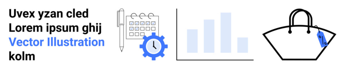 Calendar, clock gear, bar graph, and handbag suggest time management, analytics, productivity, retail, and commerce. Ideal for scheduling workflow business strategy marketing finance flat