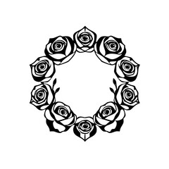 Black and White Rose Wreath: A Circular Floral Arrangement on White.