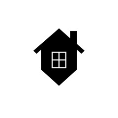 Black and white minimalist house symbol with white window on a plain background.