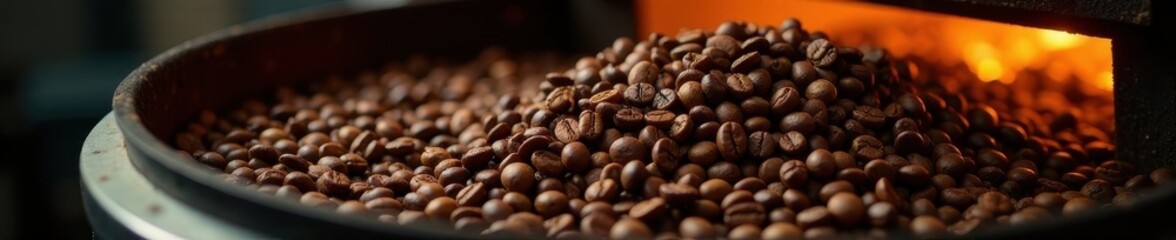 Naklejka premium Dark brown coffee beans tumbling in hot industrial roaster, coffee beans, bean