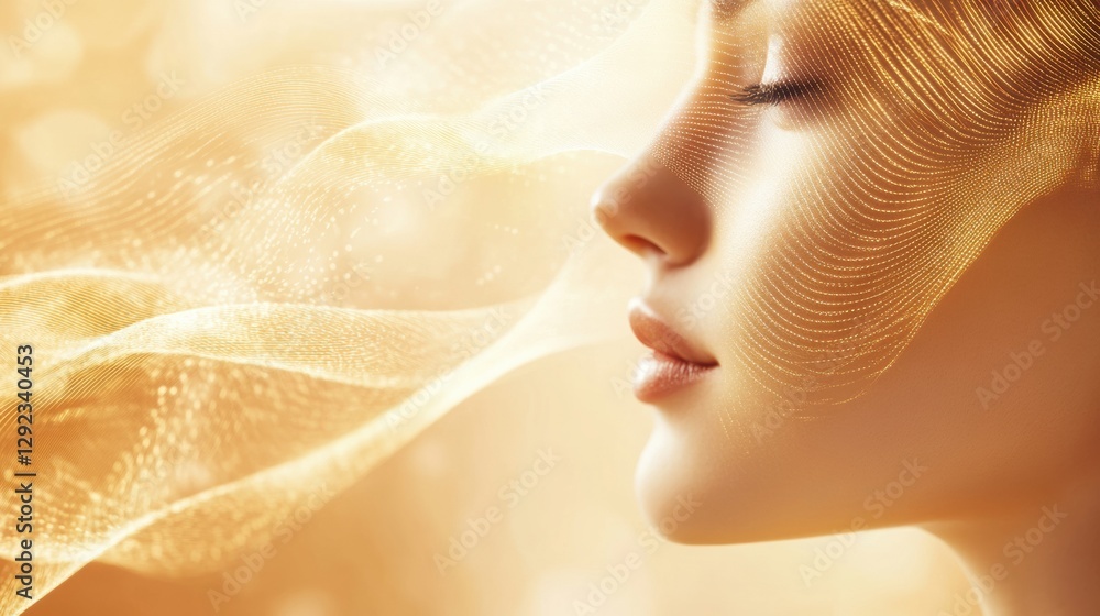 Poster abstract golden lines flow elegantly around a young womans face illustrating the lifting effects of 