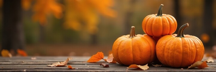 Golden pumpkins stacked on wooden planks with autumn leaves, earthy, fall