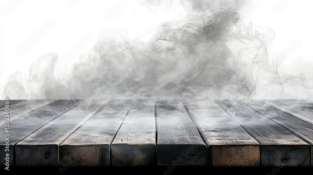 Aufkleber corner view of wooden table top with steam clouds above it isolated on transparent background. empty