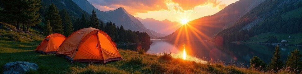 Obraz premium Sunrise illuminates tents nestled in a lush forest valley near a lake and mountains , picturesque, mountains, escape