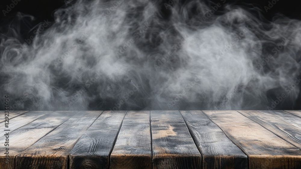Aufkleber corner view of wooden table top with steam clouds above it isolated on transparent background. empty