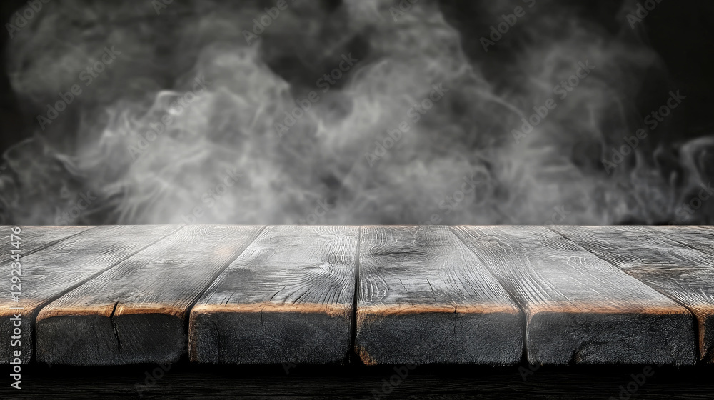 Aufkleber corner view of wooden table top with steam clouds above it isolated on transparent background. empty