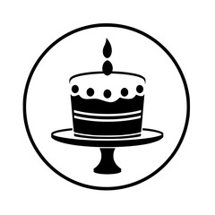 Black and White Cake Icon with Candle, Placed Inside a Circular Frame.