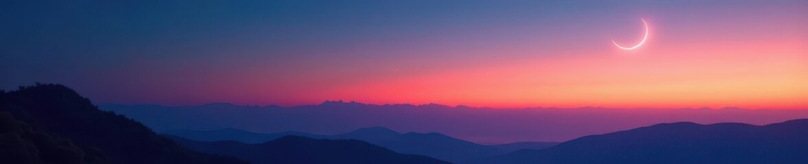 Obraz premium Crescent moon hangs delicately above distant hills, mountain, night sky