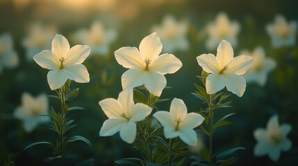 Fototapeta premium Golden-hour white flowers field sunrise serenity