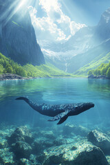 Fototapeta premium Majestic blue whale swimming in pristine mountain lake with sunlit peaks and clear waters