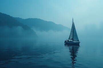 Sailing boat on foggy morning in Monterey Bay, sailing, monterey bay fog sailboat