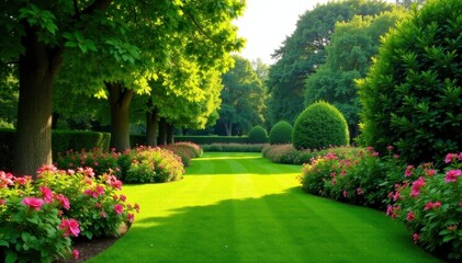 Obraz premium Lush green lawn, vibrant flowerbeds, mature trees, backyard, trees, lawn