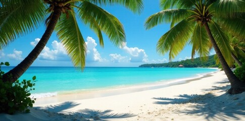Sun-drenched sands meet crystalline turquoise sea, dense palm trees frame the scene , idyllic, background