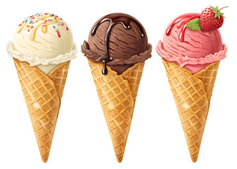 Various ice cream scoops in waffle cone isolated on transparent background for PNG