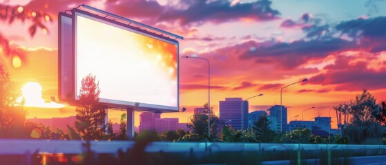 Billboard evolution dynamic digital campaigns,modern aesthetic text, audience engagement sunset city backdrop.