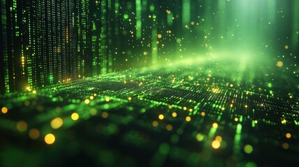 Green digital code flows, futuristic background
