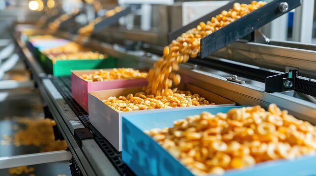 Cereal flakes stream into vibrant boxes on a high-speed packaging line showing seamless operation and hygiene.