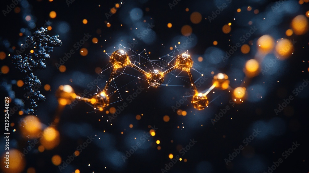 Aufkleber golden molecular structure in dark space: abstract 3d rendering of connected nodes and particles