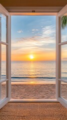 A seaside sunset from an open window offers a relaxed and timeless view