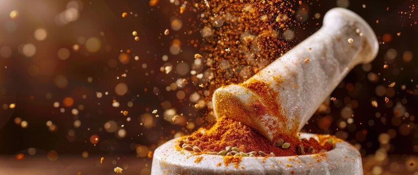 Earthy tones showcase cumin and paprika in a mortar and pestle, fine spice dust suspended, with sharp focus and unreal light.