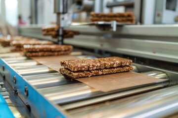 Energy bar production line cutting and wrapping bars with advanced machinery clean minimalistic design background.