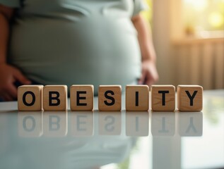 Obesity word spelled on wooden blocks reflecting on table with obese person out of focus in background