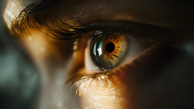 Extreme close-up of a human eye reflecting golden light, showcasing intricate details of the iris and lashes