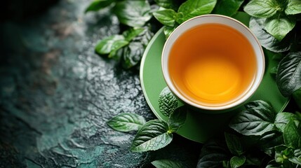 Green tea cup, leaves, dark background, beverage, food photography