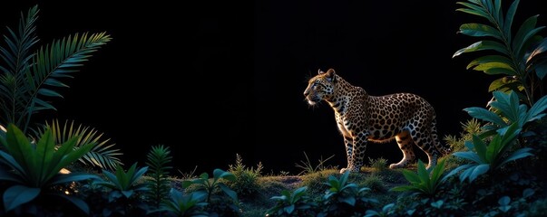 Obraz premium Silhouetted leopard amidst lush tropical foliage against a black backdrop, wild, dark photography, black