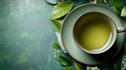 Green tea cup, leaves, garden backdrop, calm