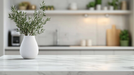 Elegant Kitchen Interior Featuring Marble Countertop and Olive Branch Vase