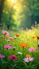 Obraz premium Vibrant wildflowers in lush meadow, sunlight dappled , environment, picturesque