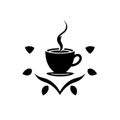 Elegant Black Coffee Cup with a Floral Design, Steam, Minimalist and a white background.