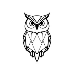 Simplistic Geometric Owl: Monochrome Black and White Line Art with Minimalist Design on White Background.
