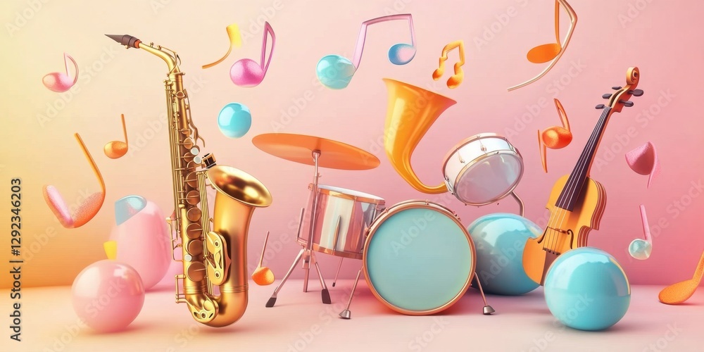 Poster a symphony of colors: musical instruments and notes in a whimsical 3d render